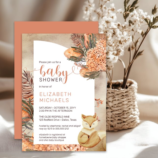 Boho Palm Leaves Hydrangeas Fox Girl Baby Shower Invitation (Boho Palm Leaves Hydrangeas Sleeping Fox Girl Baby Shower Invitation - Print | Digital Download)