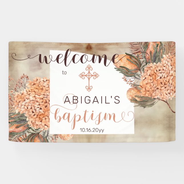 Boho Palm Leaves Hydrangeas Girl Baptism Welcome Banner (Horizontal)