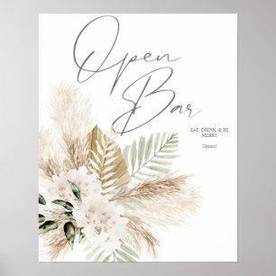 Boho Palm Pampas & Beige Floral Open Bar Sign 2