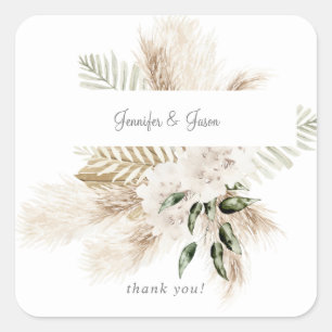 Boho Palm Pampas & Beige Floral Thank You Square Sticker