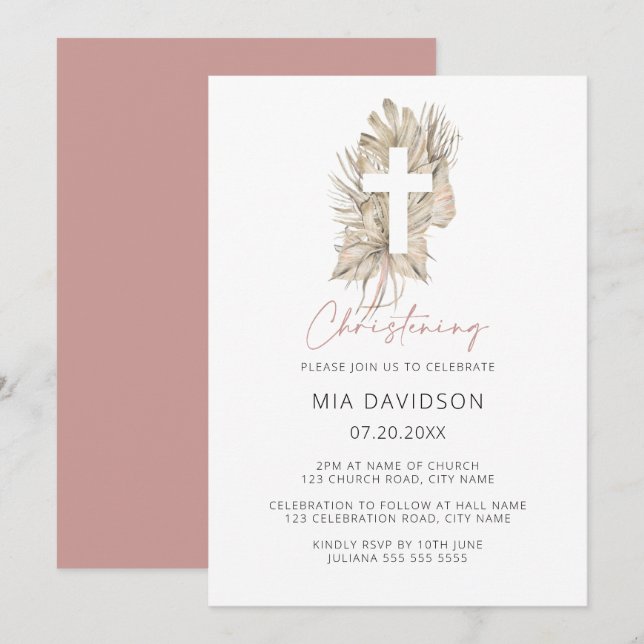 Boho Palm Pink Watercolor Floral Cross Christening Invitation (Front/Back)