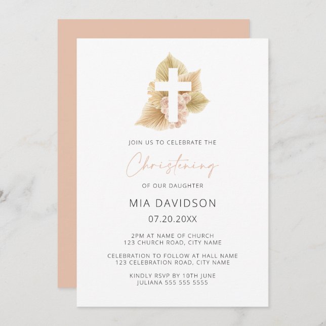 Boho Palm Rose Blush Pink Floral Cross Christening Invitation (Front/Back)