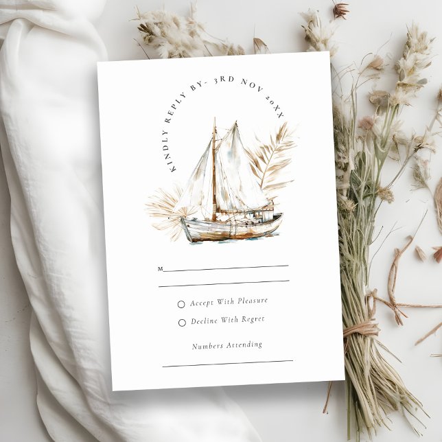 Boho Palm Sailboat Seascape Watercolor Wedding RSVP Card (Creator Uploaded)