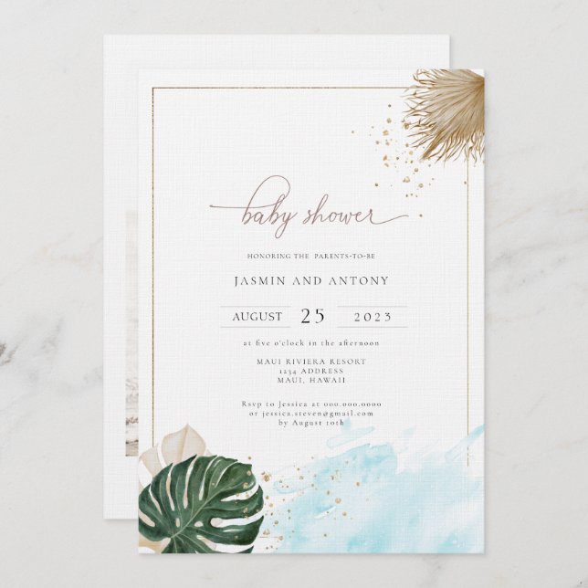 Boho Palm Tropical Baby Shower Photo Invitation (Front/Back)