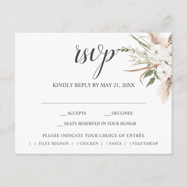 Boho Pampa Grass Leaves Wedding RSVP Enclosure Car Card (Front)