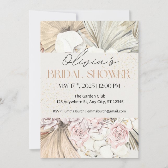 Boho Pampas and Blush Rose Bridal Shower  Invitation (Front)