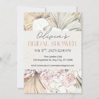 Boho Pampas and Blush Rose Bridal Shower  Invitation