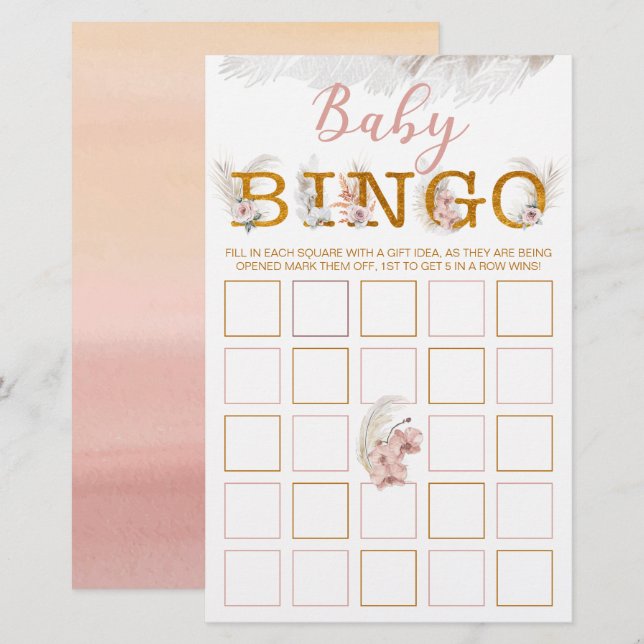 Boho Pampas Baby Shower Bingo Game Card (Front/Back)
