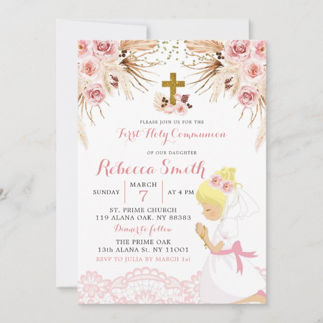 Boho Pampas Blonde Girl First Communion Invitation (Front)