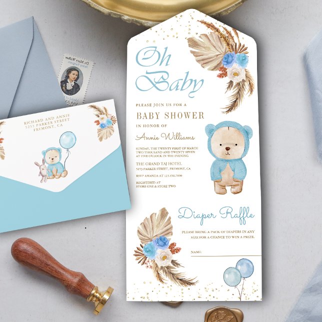 Boho Pampas Blue Floral Teddy Bear Baby Shower All In One Invitation (Creator Uploaded)