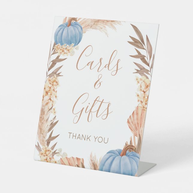 Boho Pampas blue Pumpkin cards & gifts sign (Front)