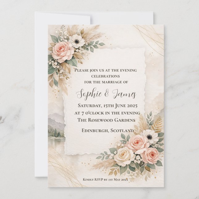 Boho Pampas Blush Rose Evening Wedding Invitation (Front)