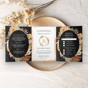 Boho Pampas Dried Palm Black All in One Wedding Tri-Fold Invitation