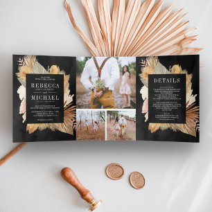 Boho Pampas Dried Palm Photo Collage Black Wedding Tri-Fold Invitation