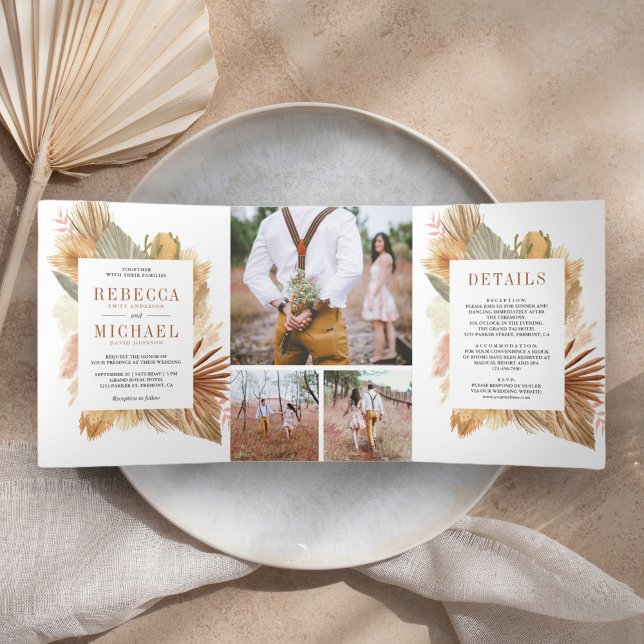 Boho Pampas Dried Palm Photo Collage Wedding Tri-Fold Invitation (Creator Uploaded)