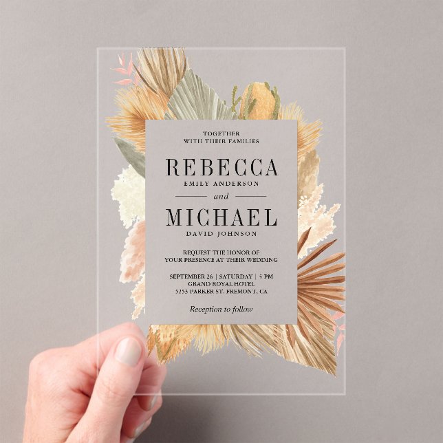 Boho Pampas Dried Palm Wedding Acrylic Invitations (Insitu (Handheld))