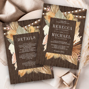 Boho Pampas Dried Palm Wood All in One Wedding Invitation
