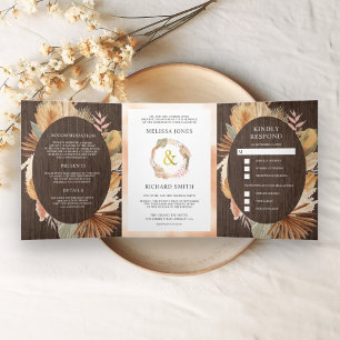 Boho Pampas Dried Palm Wood All in One Wedding Tri-Fold Invitation