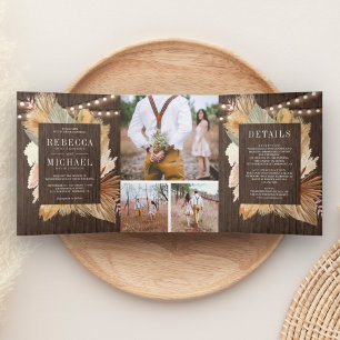 Boho Pampas Dried Palm Wood Photo Collage Wedding Tri-Fold Invitation