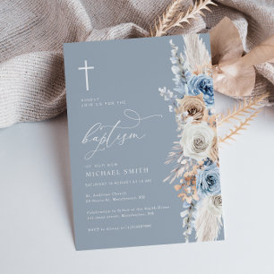boho pampas dusty blue floral baptism invitation