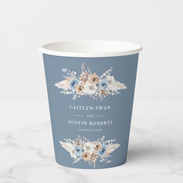 boho pampas dusty blue floral wedding paper cups (Front)
