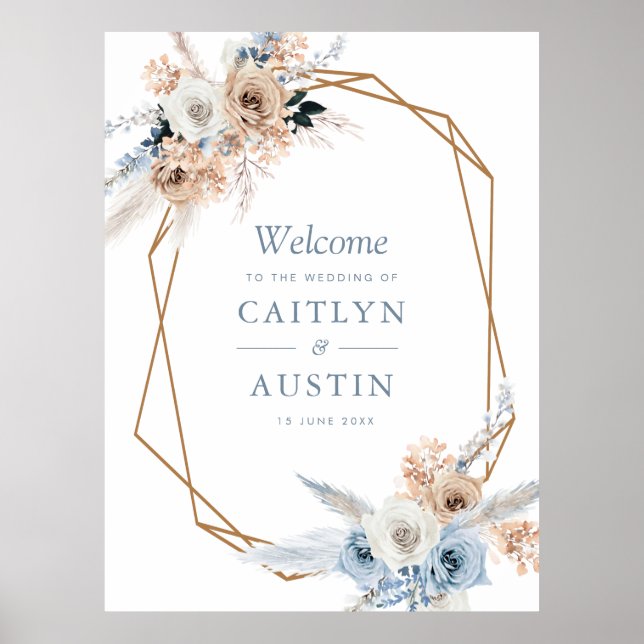 boho pampas dusty blue floral wedding sign (Front)