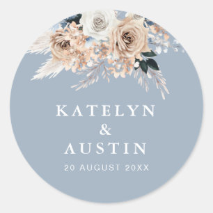 boho pampas dusty blue wedding classic round sticker