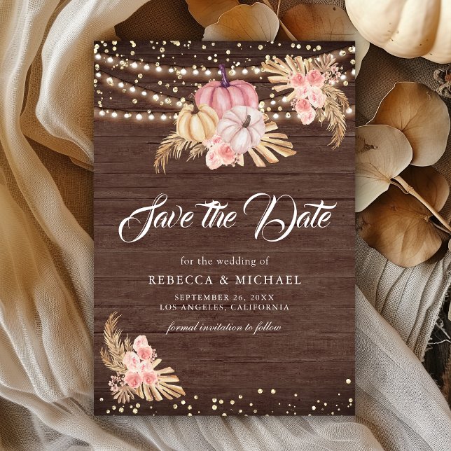 Boho Pampas Dusty Pink Roses Wood Pumpkin Wedding Save The Date (Creator Uploaded)