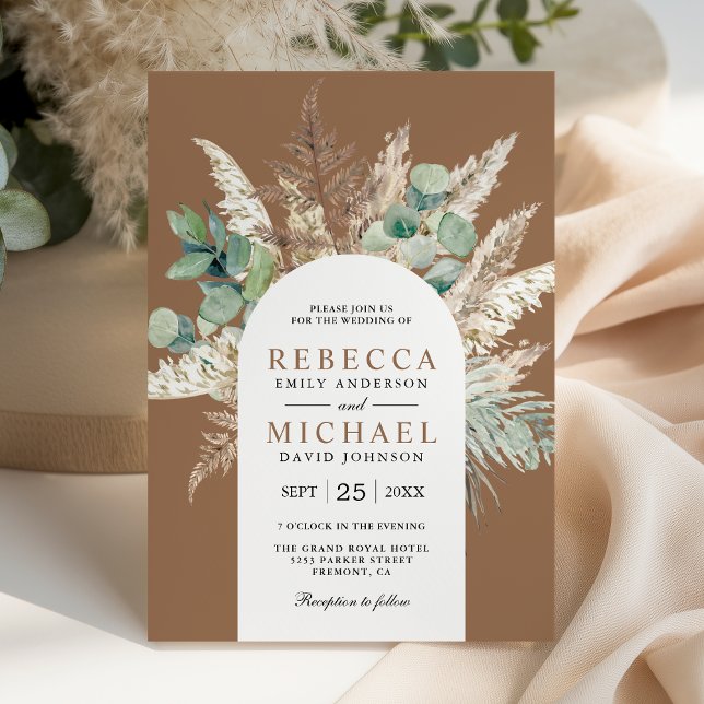 Boho Pampas Eucalyptus Arch Beige Tan Wedding Invitation (Creator Uploaded)