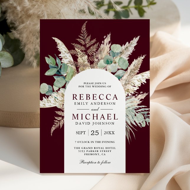 Boho Pampas Eucalyptus Arch Burgundy Wedding Invitation (Creator Uploaded)