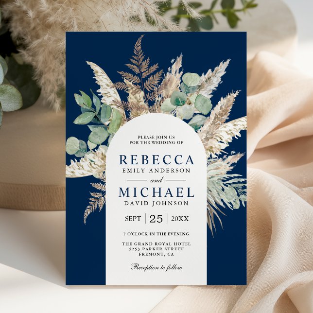 Boho Pampas Eucalyptus Arch Navy Blue Wedding Invitation (Creator Uploaded)