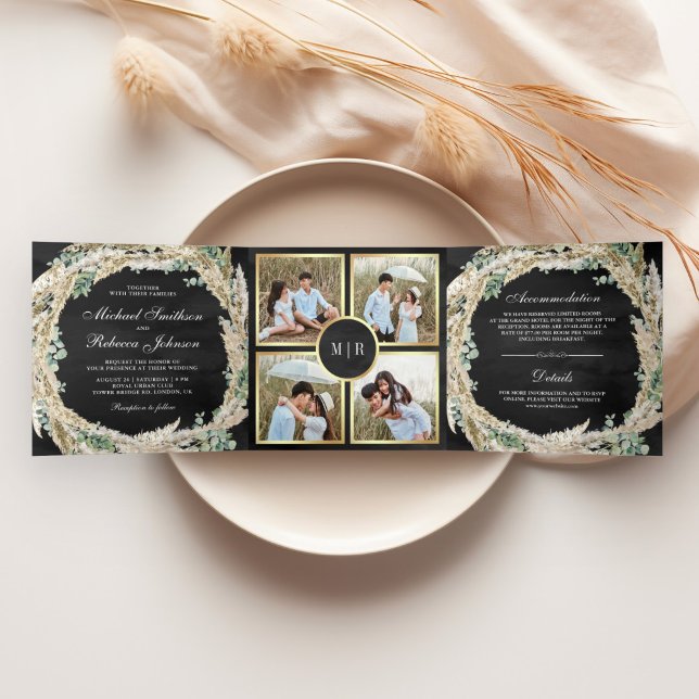 Boho Pampas Eucalyptus Wreath Black Wedding Tri-Fold Invitation (Creator Uploaded)