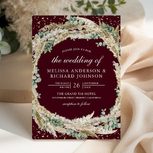 Boho Pampas Eucalyptus Wreath Burgundy Wedding Invitation