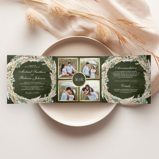 Boho Pampas Eucalyptus Wreath Sage Green Wedding Tri-Fold Invitation (Creator Uploaded)