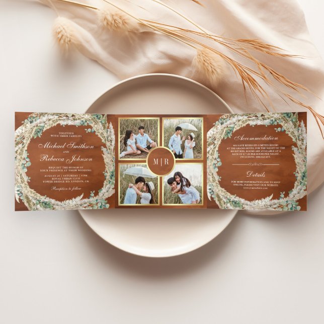 Boho Pampas Eucalyptus Wreath Terracotta Wedding Tri-Fold Invitation (Creator Uploaded)