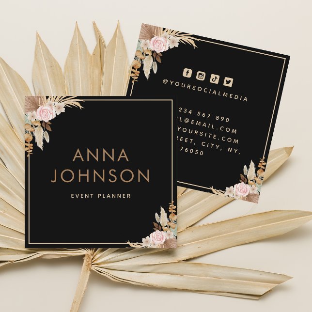 Boho Pampas Floral Black Square Business Card (Creator Uploaded)
