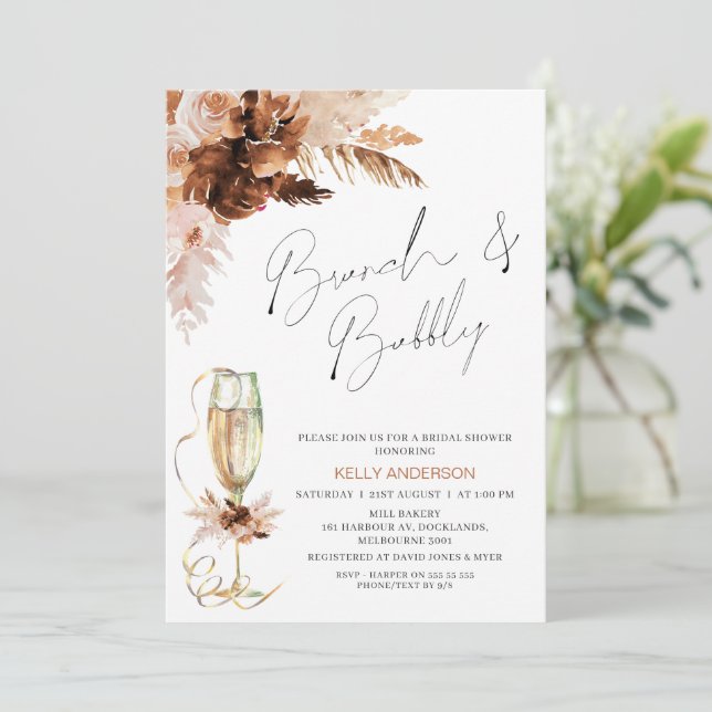 Boho Pampas Floral Brunch Bubbly Bridal Shower Invitation (Standing Front)