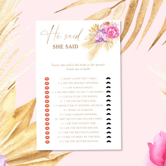 Boho Pampas Floral He said she said bridal game (Creator Uploaded)