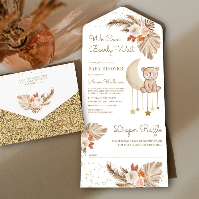 Boho Pampas Floral Moon Teddy Bear Baby Shower All In One Invitation (Creator Uploaded)