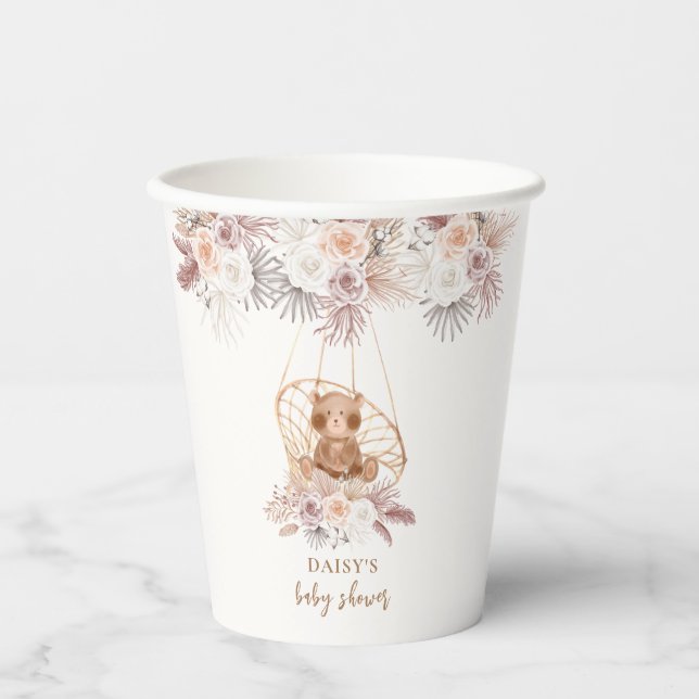 Boho Pampas Flower Teddy Bear Baby Shower Paper Cups (Front)