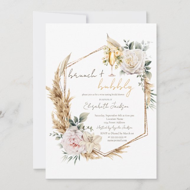 Boho Pampas Flowers Brunch & Bubbly Bridal Shower Invitation (Front)