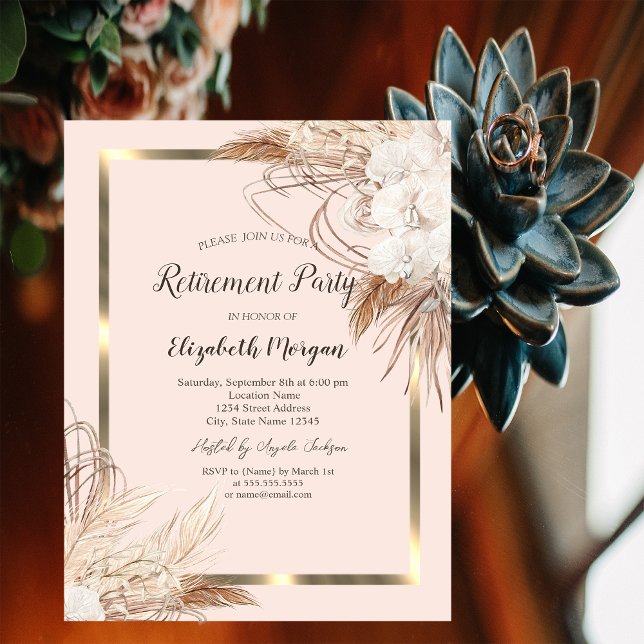 Boho Pampas Flowers,Champagne Glass Retirement Invitation (Creator Uploaded)
