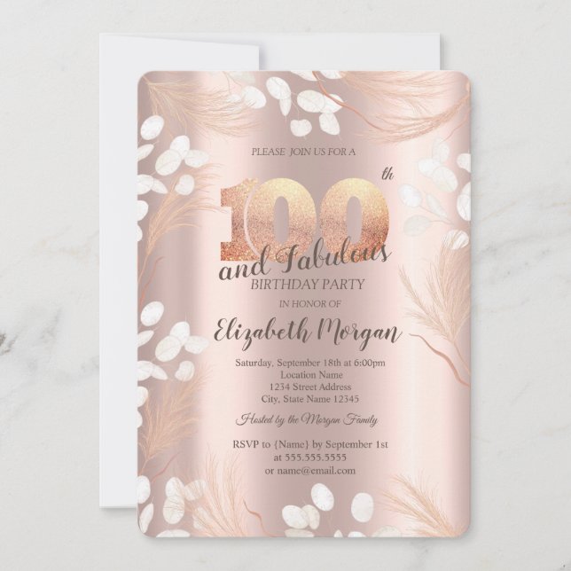 Boho Pampas Flowers Rose Gold 100th Birthday  Invitation (Front)
