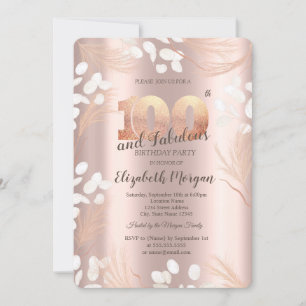 Boho Pampas Flowers Rose Gold 100th Birthday  Invitation