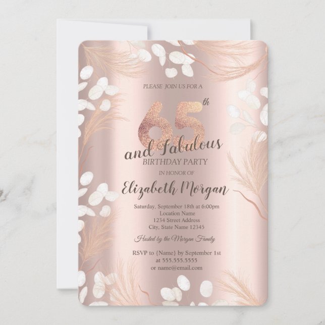 Boho Pampas Flowers Rose Gold 65th Birthday  Invitation (Front)