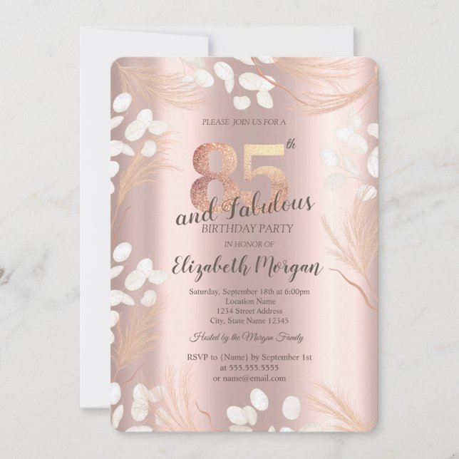 Boho Pampas Flowers Rose Gold 85th Birthday  Invitation (Front)