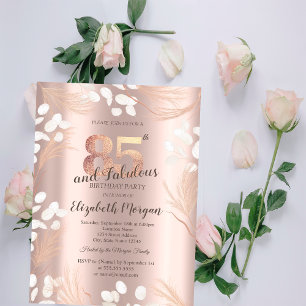 Boho Pampas Flowers Rose Gold 85th Birthday Invitation