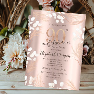 Boho Pampas Flowers Rose Gold 90th Birthday  Invitation