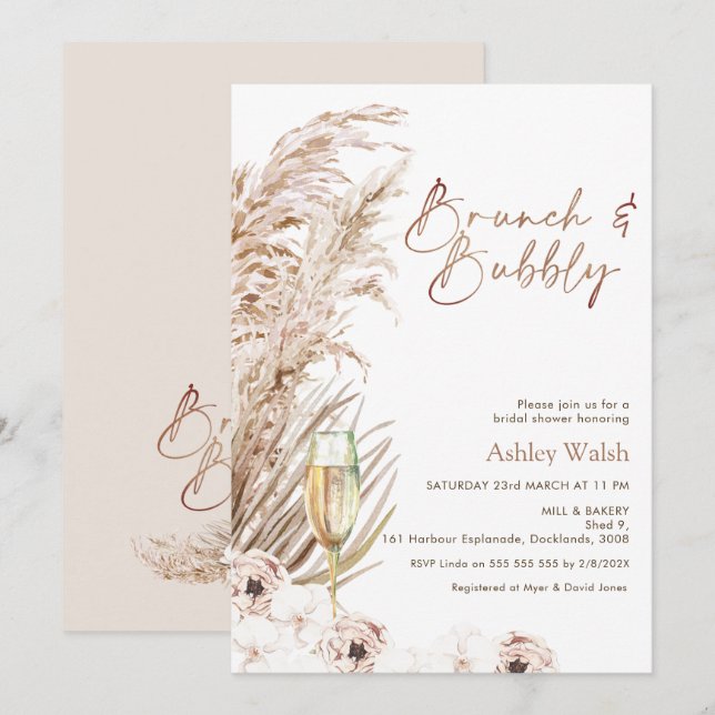 Boho Pampas Glass Brunch Bubbly Bridal Shower Invitation (Front/Back)
