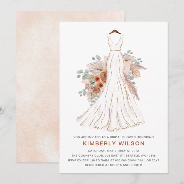 Boho Pampas Glitter Wedding Dress Bridal Shower Invitation (Front/Back)